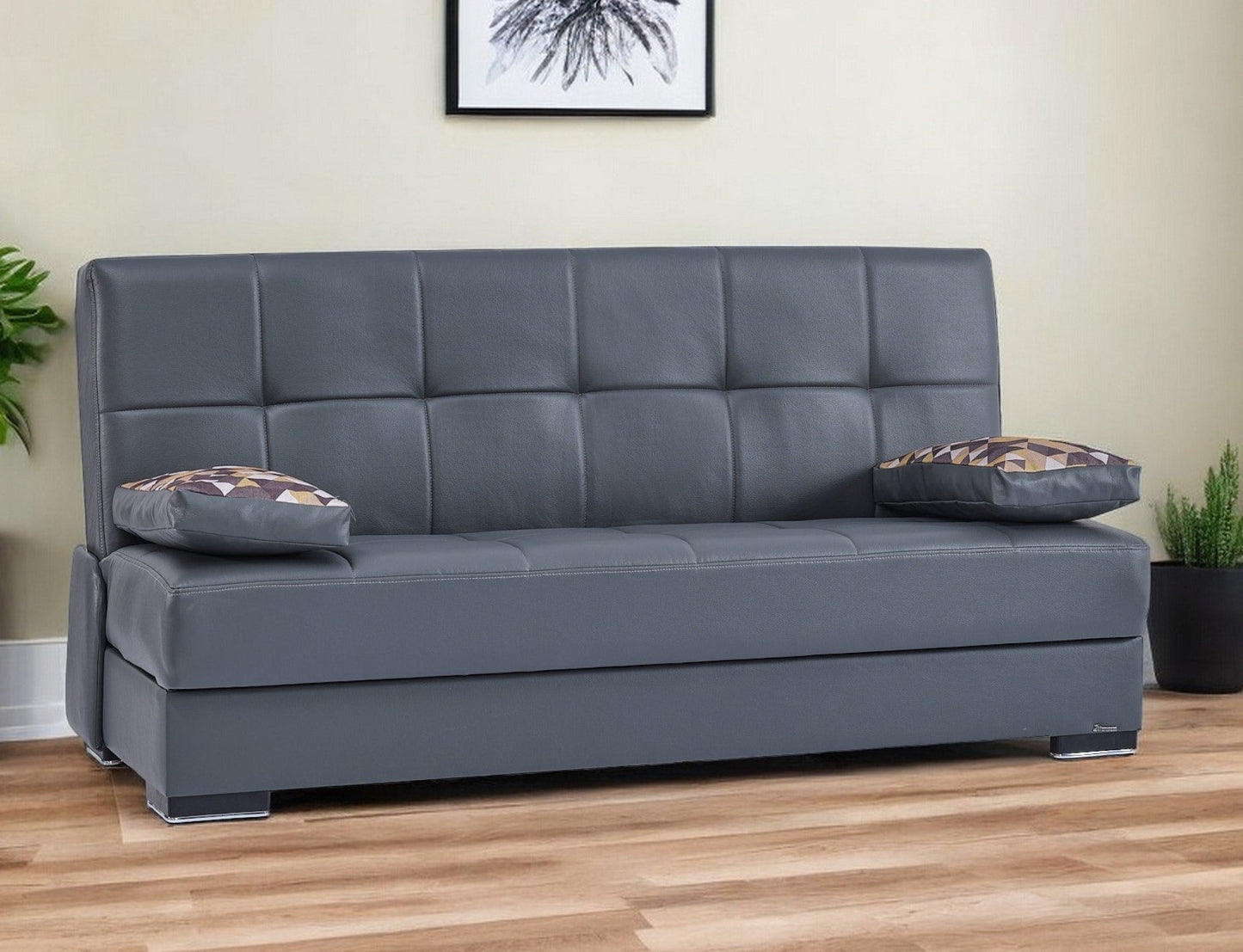 Modway Furniture 75" Gray Faux Leather Convertible Futon Sofa with Toss Pillows - Modern Design, Comfort & Style! - 518155-HOMEROOTS