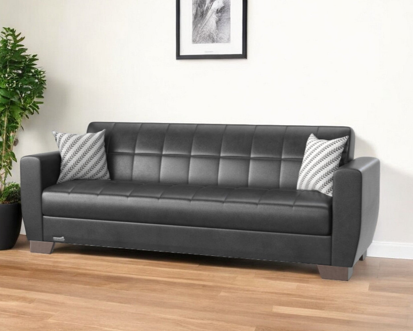 Modway Furniture 84" Black Faux Leather Sleeper Sofa with Decorative Toss Pillows and Elegant Brown Legs for Comfort - 520152-HOMEROOTS