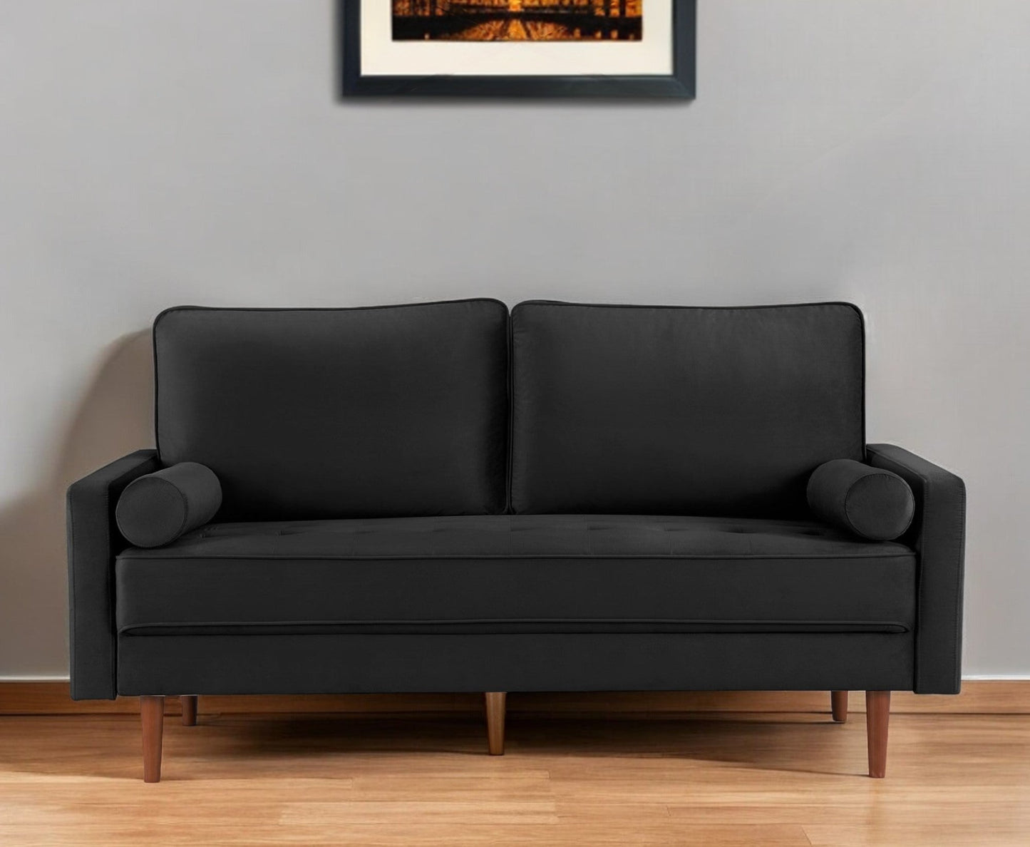 Modway Furniture 69" Black Velvet Sofa with Toss Pillows - Stylish Comfort, Dark Brown Legs, Tufted Design & Support - 543708-HOMEROOTS