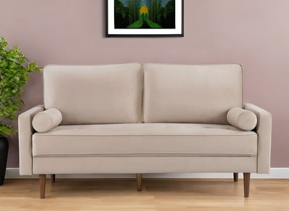 Modway Furniture 69" Beige Velvet Sofa with Dark Brown Legs, Plush Comfort, Tufted Design & Elegant Toss Pillows - 543709-HOMEROOTS