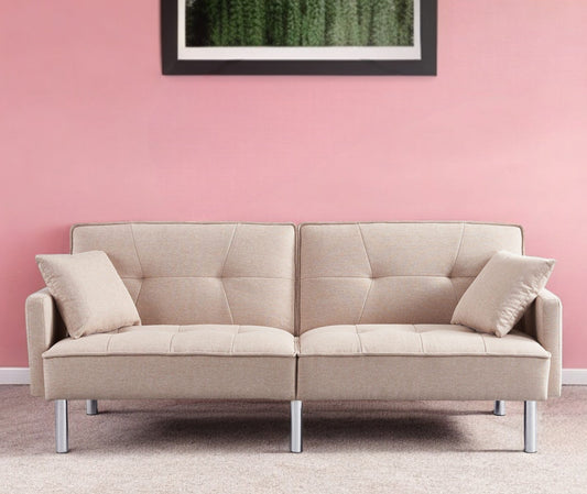 Modway Furniture 85" Beige Polyester Blend Convertible Futon Sofa with Silver Legs & Toss Pillows - Stylish Comfort! - 544952-HOMEROOTS