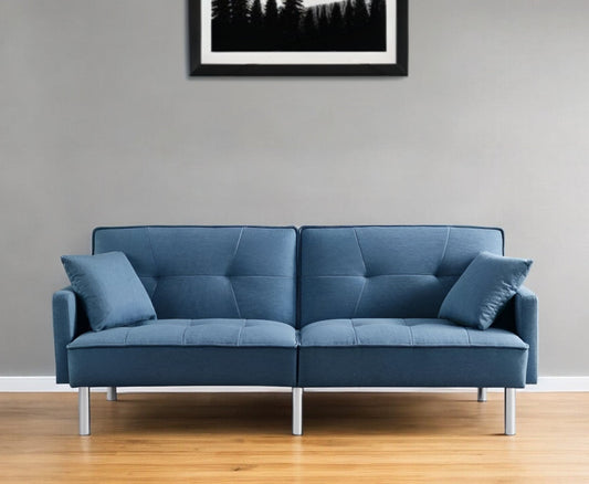 Modway Furniture 85" Blue Polyester Blend Convertible Futon Sofa with Silver Legs, Pillows & Stylish Tufted Design - 544953-HOMEROOTS