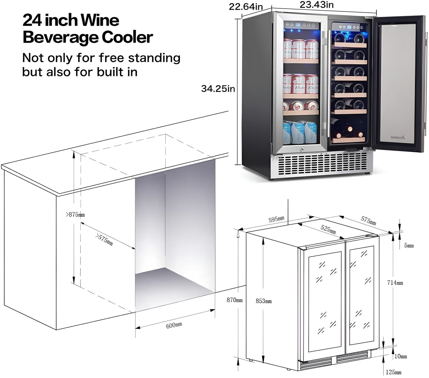 AOBOSI 24 Inch Beverage and Wine Cooler 18 Bottles and 57 Cans - YC120-2D