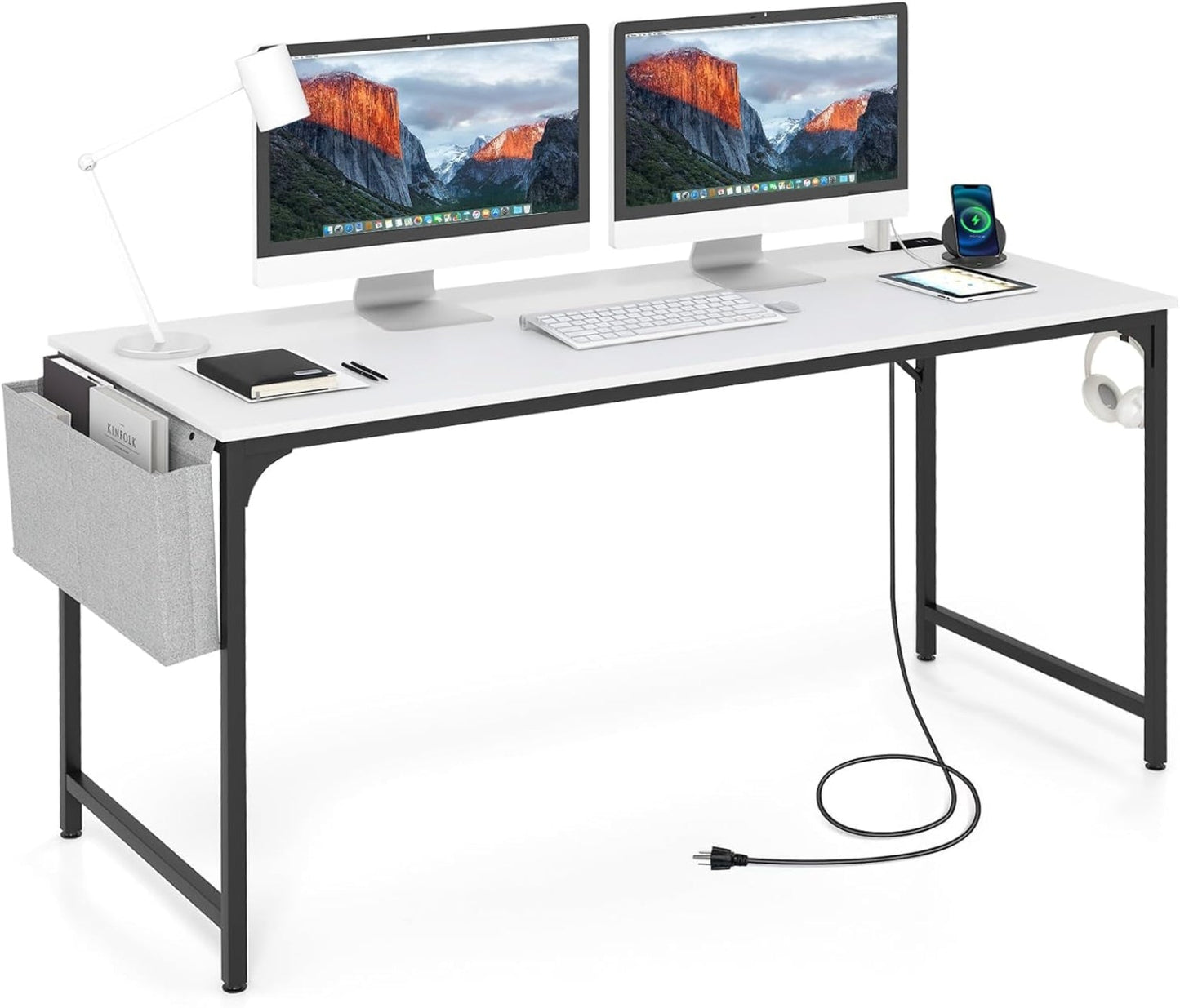 Tangkula 60” Large Computer Desk with Charging Station, Modern Simple Study Writing Desk with Storage Bag - 4*JV11154US-CF