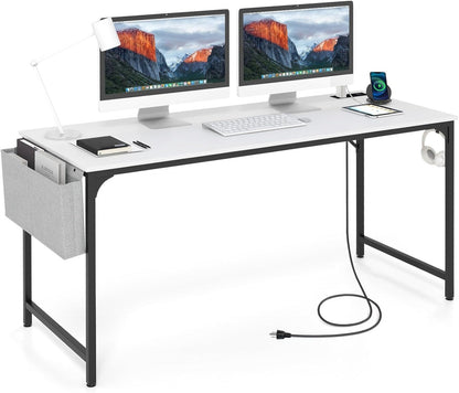 Tangkula 60” Large Computer Desk with Charging Station, Modern Simple Study Writing Desk with Storage Bag - 4*JV11154US-CF