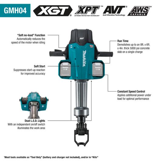 Makita 80V max (40V max X2) XGT Brushless 70 lb. 1‑1/8" Hex AVT Breaker Hammer Kit, AWS Capable  - GMH04PLX