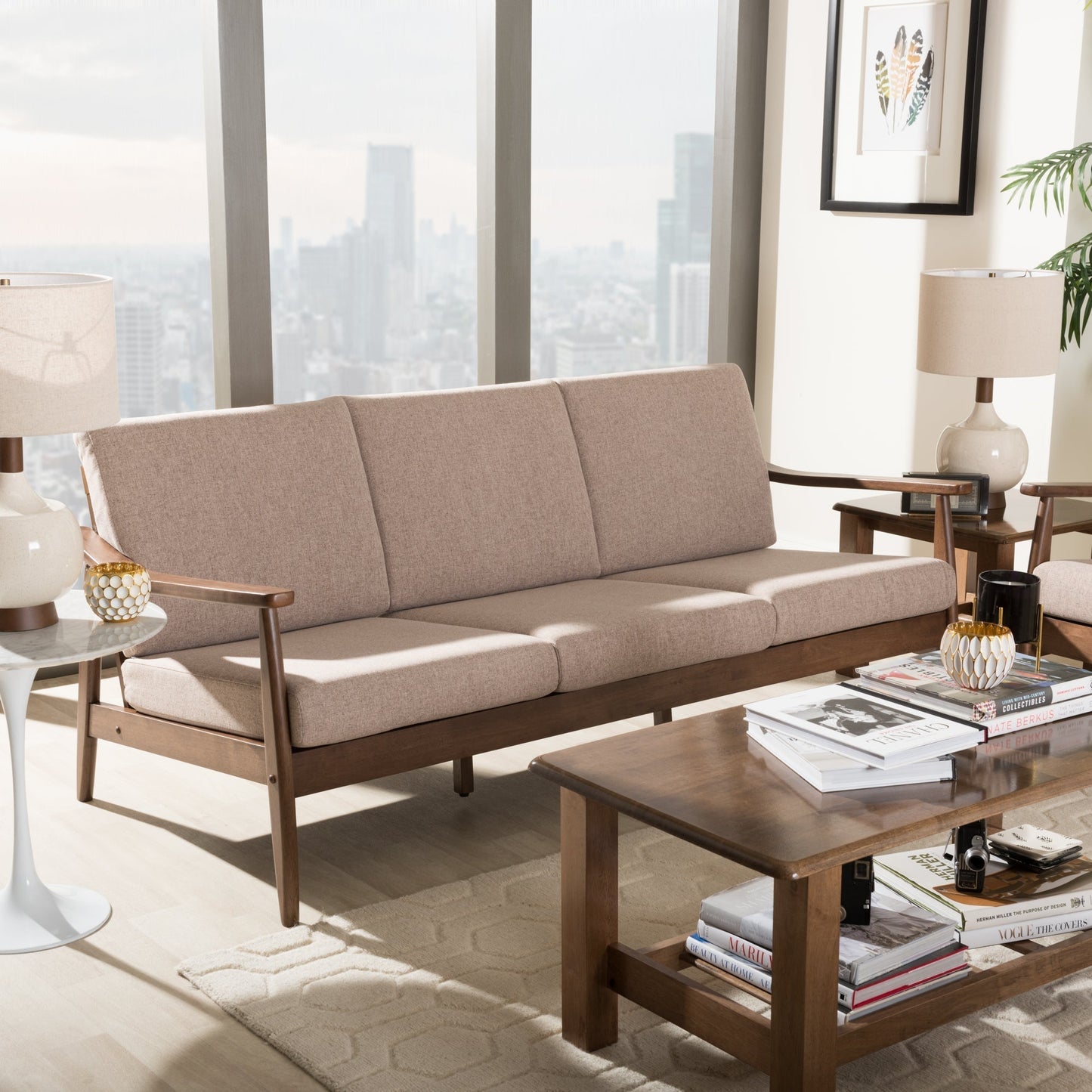 Modway Furniture Venza Stylish Mid-Century Modern 3-Seater Sofa in Light Brown Fabric & Walnut Wood Frame