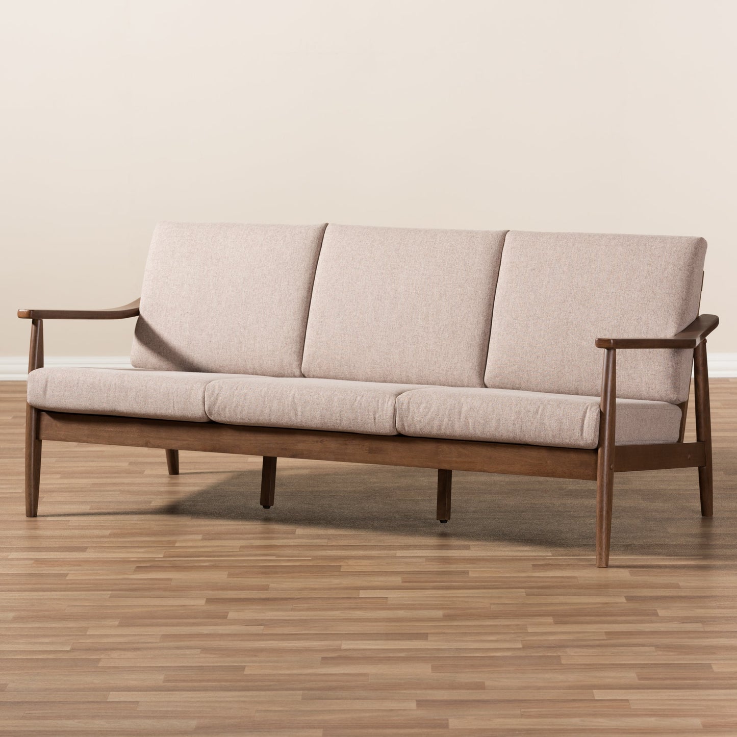 Modway Furniture Venza Stylish Mid-Century Modern 3-Seater Sofa in Light Brown Fabric & Walnut Wood Frame