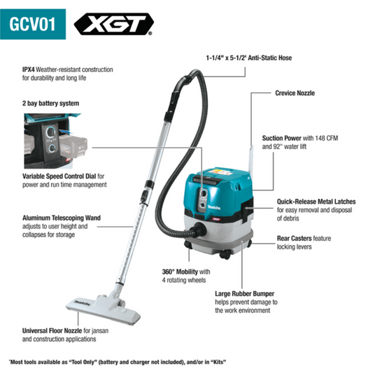 Makita 40V Max XGT GCV01Z Brushless Cordless 2.1 Gallon Wet/Dry Dust Extractor/Vacuum (Bare Tool) - GCV01Z