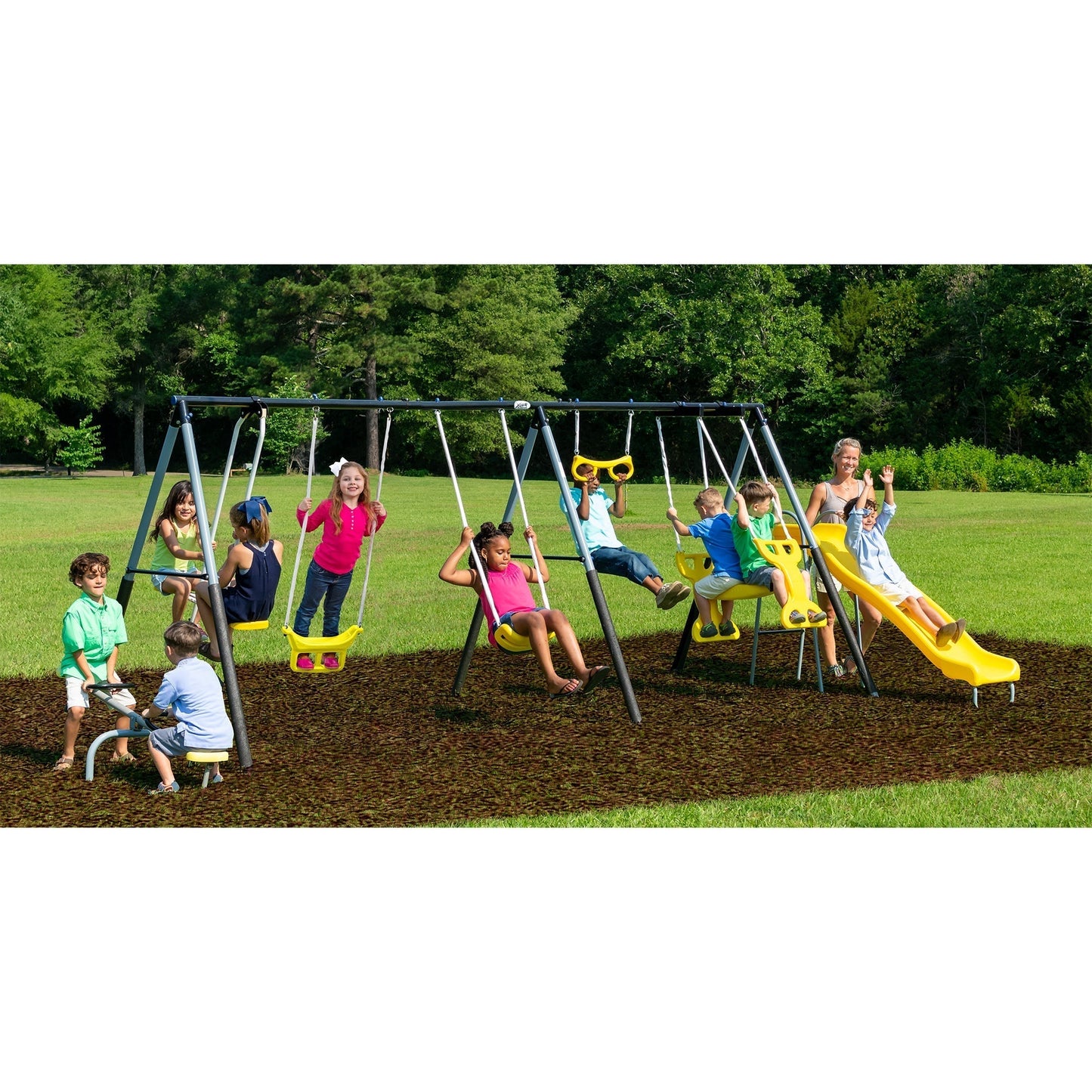 XDP Recreation Rising Sun Playground Outdoor Swing Set, Glider, SeeSaw, & Slide - 94022