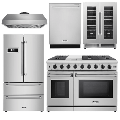Thor Appliance Package - 48 In. Gas Range, Range Hood, Refrigerator, Dishwasher & Wine Cooler, AP-LRG4087U-4