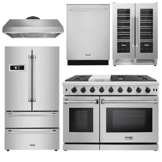 Thor Appliance Package - 48 In. Gas Range, Range Hood, Refrigerator, Dishwasher & Wine Cooler, AP-LRG4087U-4