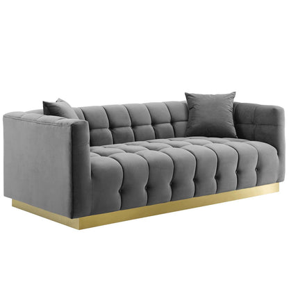 Modway Furniture Vivacious Biscuit Tufted Velvet Sofa with Gold Base – Luxurious Comfort & Vintage Style Living Room