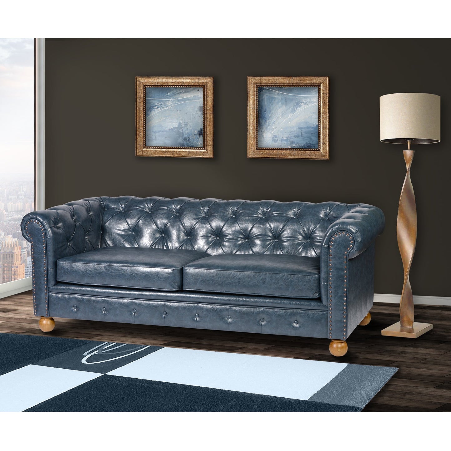 Modway Furniture Winston Antique Blue Bonded Leather Sofa - Elegant Tufted Back Design for Luxurious Living Spaces