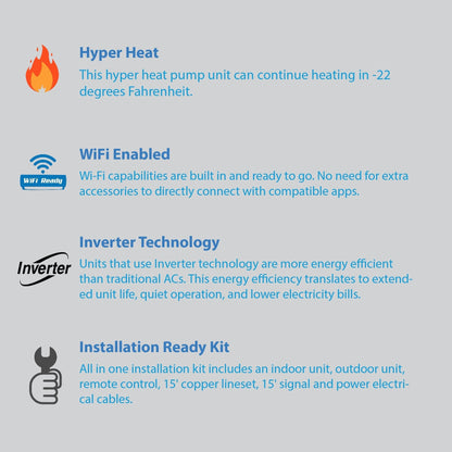 Air-Con Blue Hyper 12000 BTU 24 SEER Hyper Heat Mini Split Air Conditioner 15ft Lineset & Wiring - ABHCI/ABHEM4H4S12
