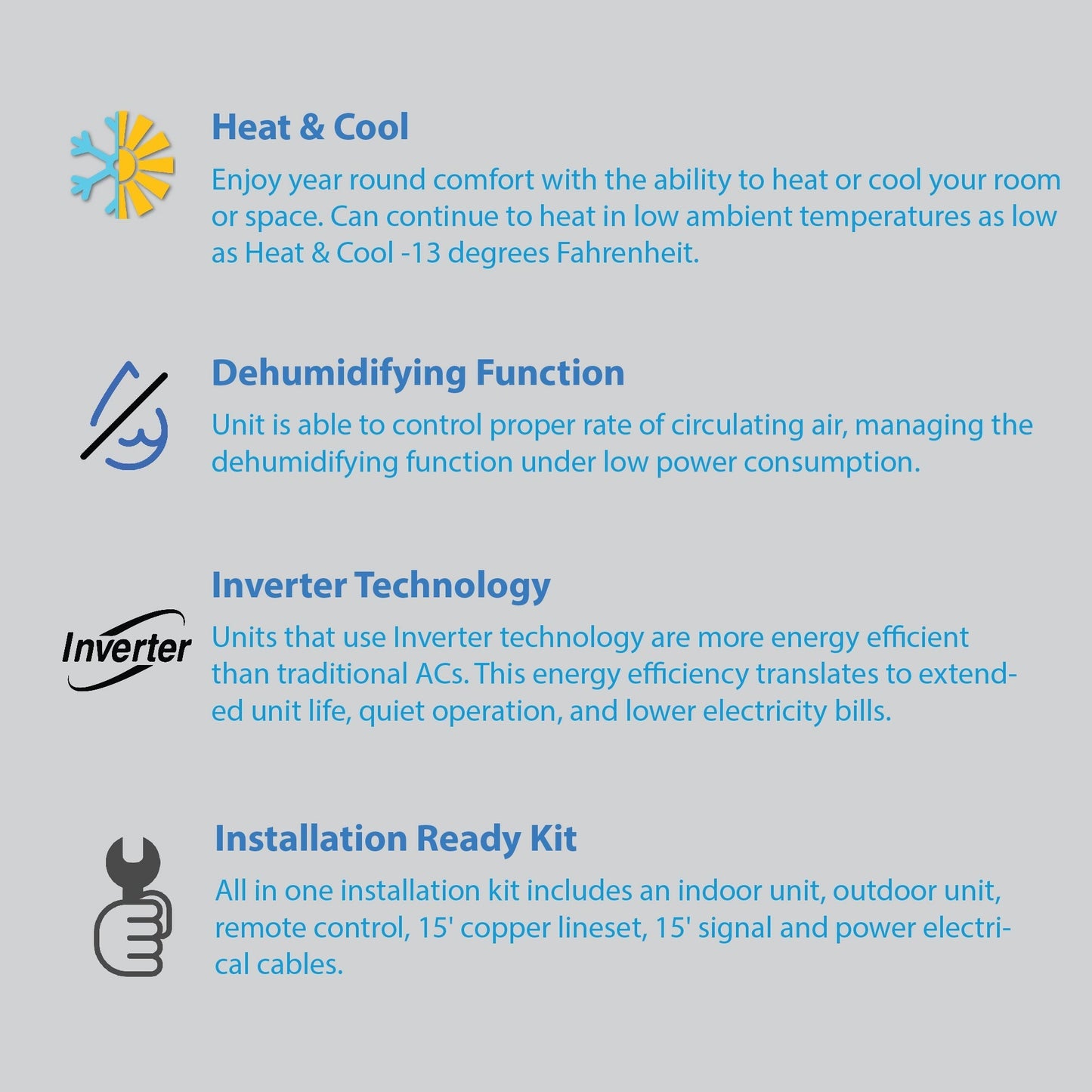 Air-Con Blue Series 4 9000 BTU 23.5 SEER2 Mini Split Air Conditioner 15ft Lineset & Wiring - ALPCI/EM4H4E09