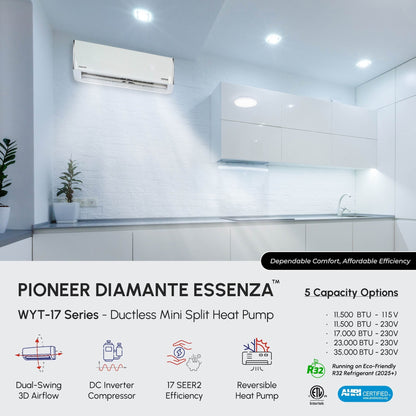 Pioneer Diamante Essenza™ 35,000 BTU 17 SEER2 230V High-Wall Ductless Mini-Split Air Conditioner Inverter Heat Pump with 16 Ft. Kit - WYT036GLUI17RL