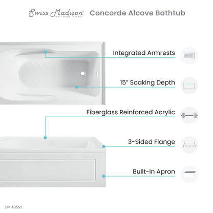 Swiss Madison Concorde 60 in. x 32 in. Acrylic Glossy White, Alcove, Integral, Right-Hand Drain, Apron Bathtub - SM-AB560 - Backyard Provider