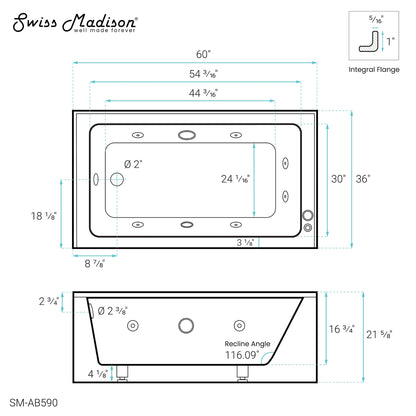 Swiss Madison Avancer 60" x 36" Left-Hand Drain Rectangular Alcove Whirlpool Bathtub with Apron - SM-AB590 - Backyard Provider