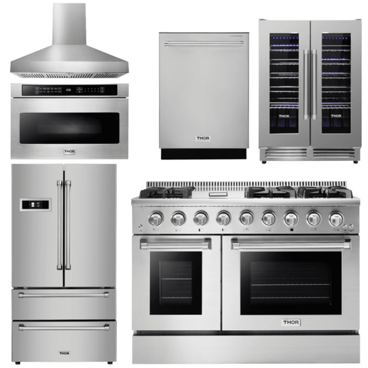 Thor Kitchen Appliance Package - 48 in. Gas Range, Range Hood, Refrigerator, Dishwasher, Microwave Drawer, Wine Cooler, AP-HRG4808U-W-6