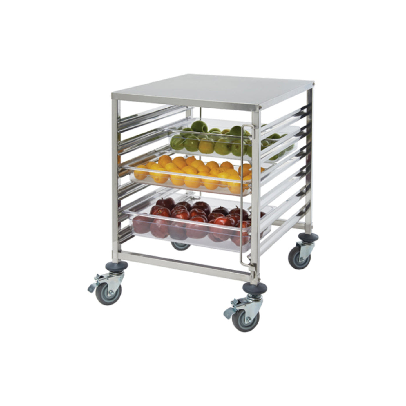 Winco SRK-12D 12-Tier Stainless Steel Side-Load Steam Table Pan / Food Tray Racks with Brakes - WNSRK-12D