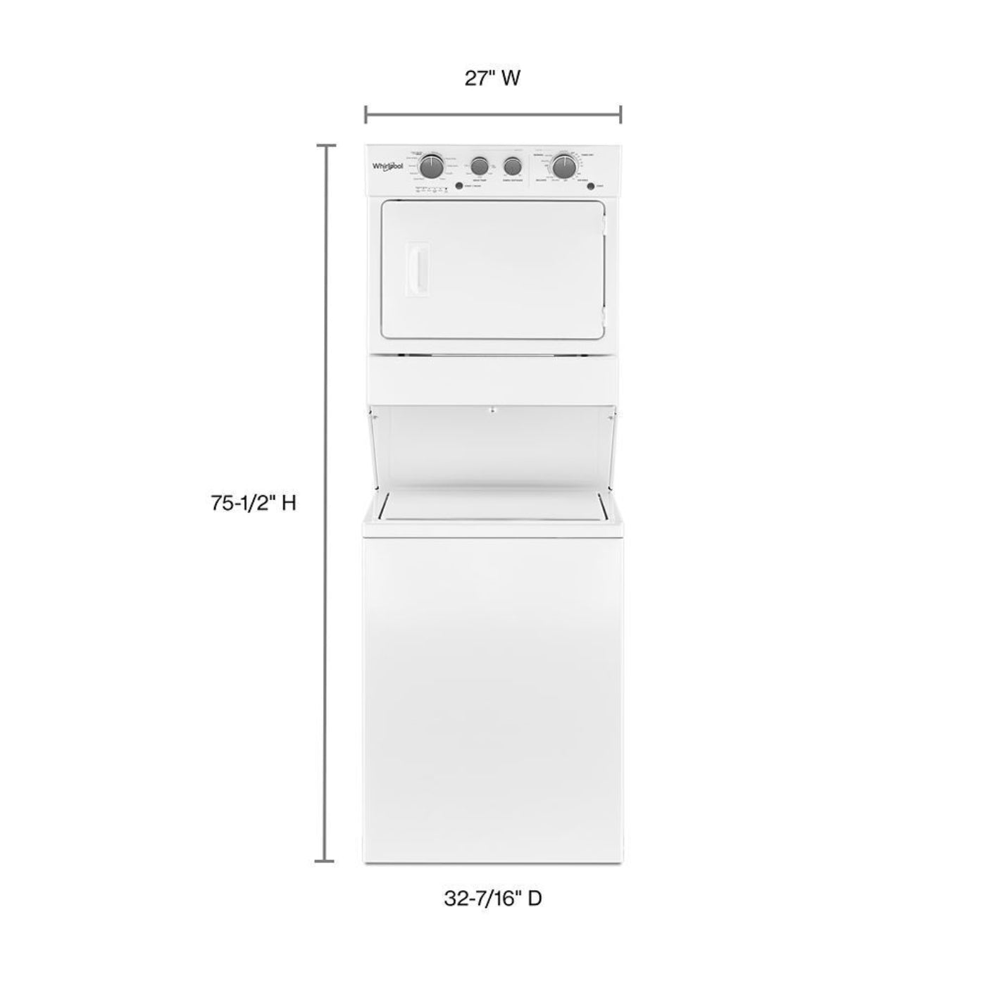 WHIRLPOOL3.5 cu.ft Long Vent Electric Stacked Laundry Center 9 Wash cycles and AutoDry - WETLV27HW-KT