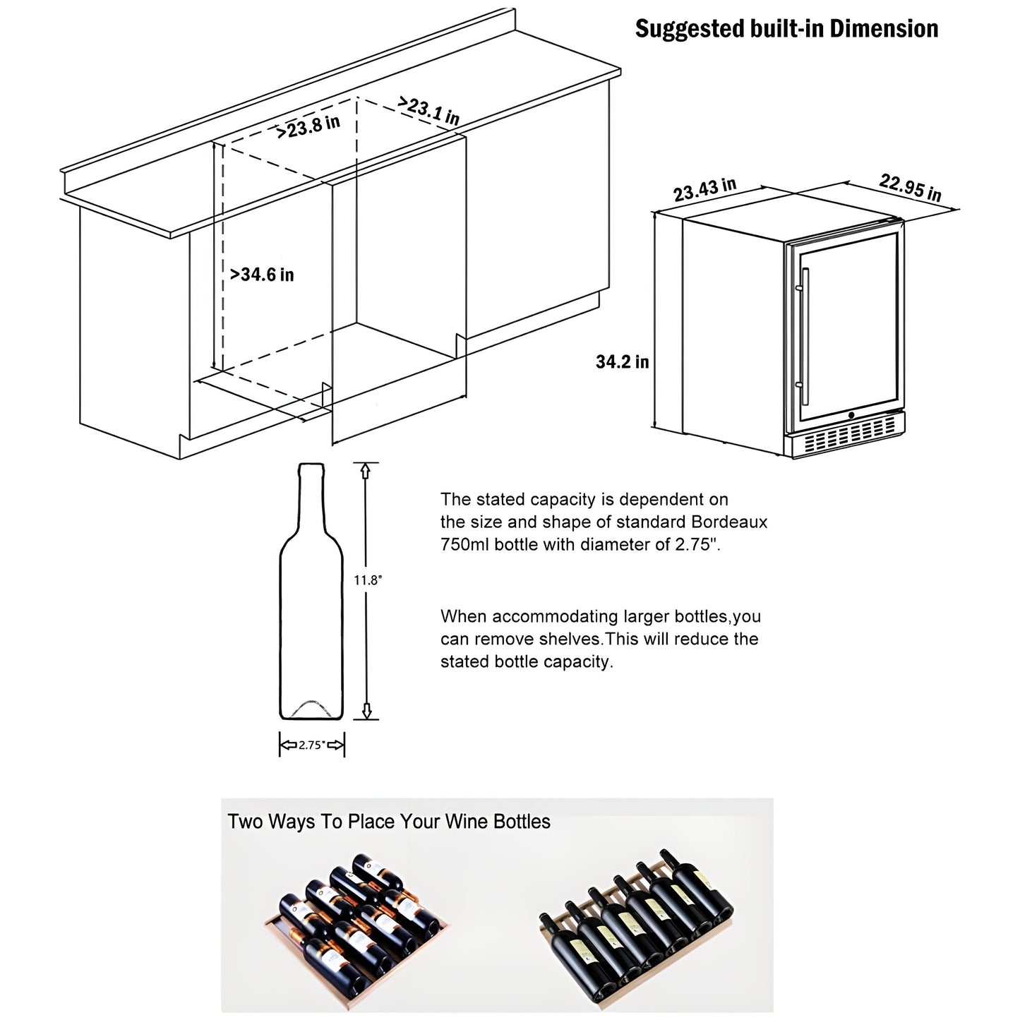 AOBOSI 24 Inch Dual Zone Wine Cooler Holds 46 Bottles - JC-145B