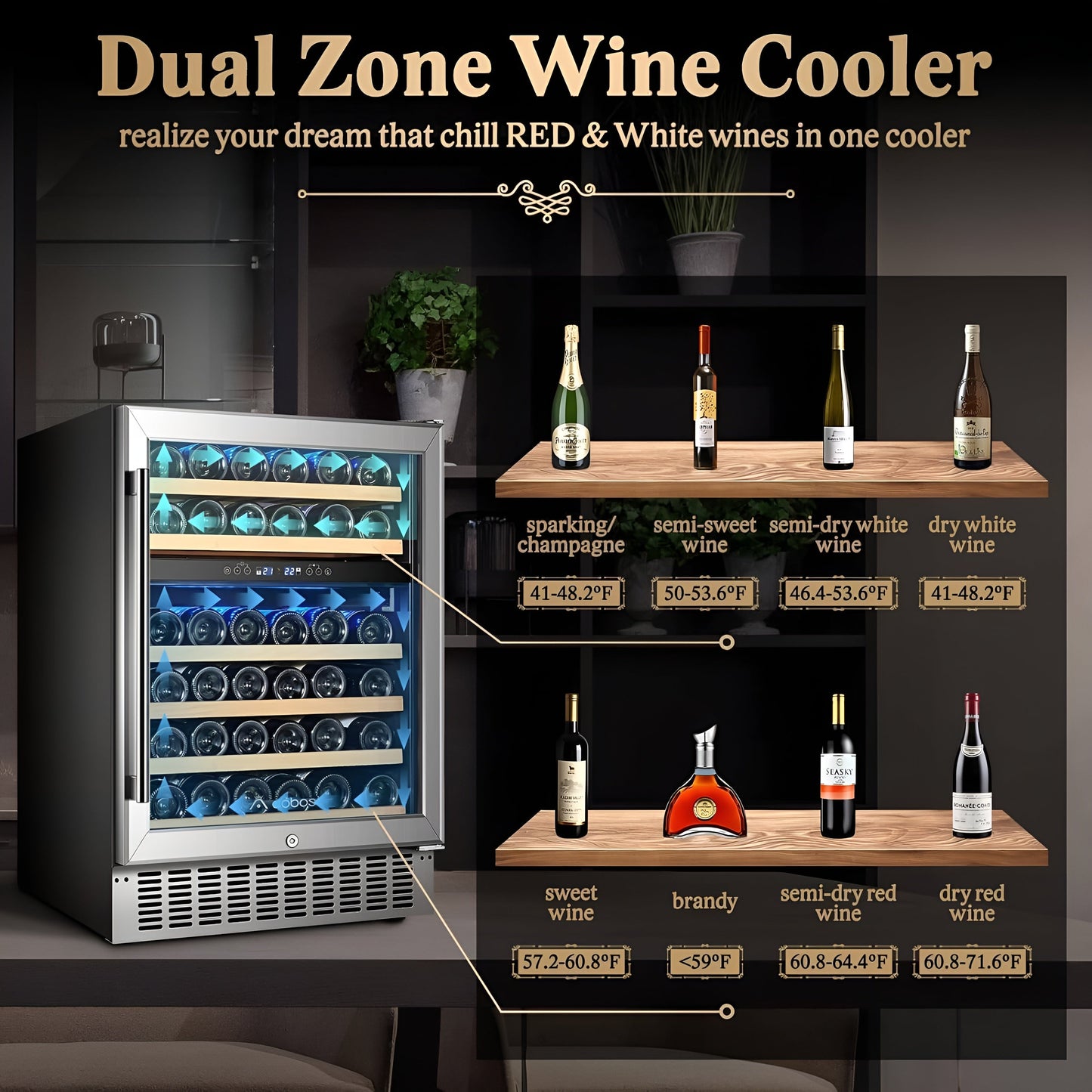 AOBOSI 24 Inch Dual Zone Wine Cooler Holds 46 Bottles - JC-145B