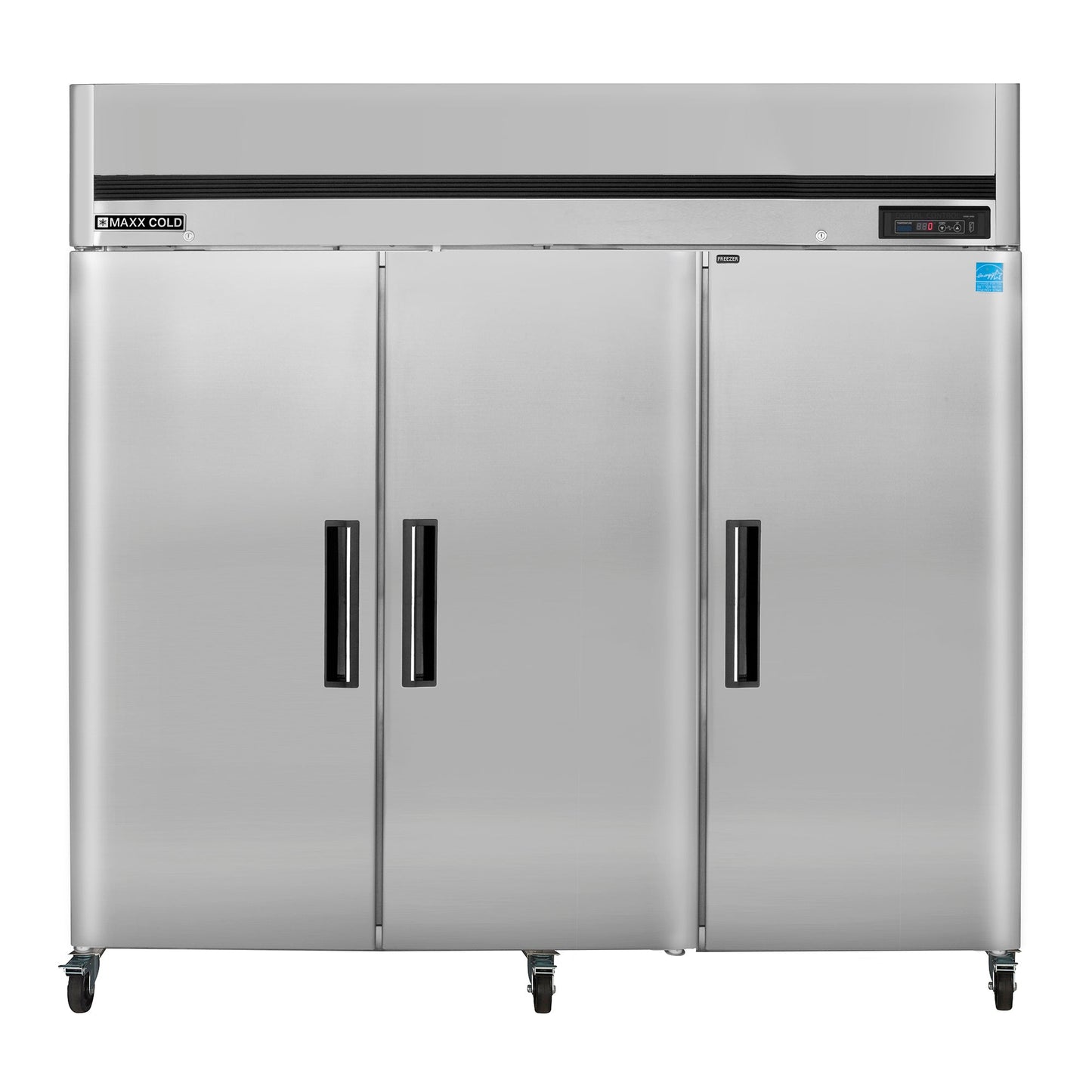 Maxx Cold Triple Door Reach-In Freezer, Top Mount, 81"W, 72 cu. ft. Storage Capacity, Energy Star Rated, in Stainless Steel - MCFT-72FDHC