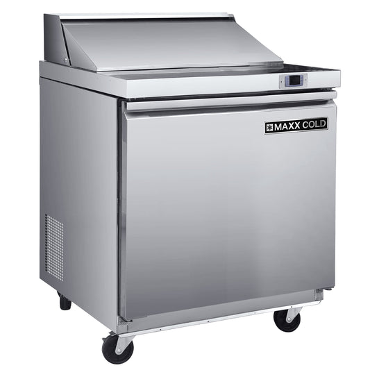 Maxx Cold One-Door Refrigerated Sandwich and Salad Prep Station, 29"W, 7.59 cu, ft. Storage Capacity, Equipped with (4) 4" Deep Pans and Cutting Board, in Stainless Steel - MXSR29SHC