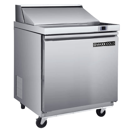Maxx Cold One-Door Refrigerated Sandwich and Salad Prep Station, 29"W, 7.59 cu, ft. Storage Capacity, Equipped with (4) 4" Deep Pans and Cutting Board, in Stainless Steel - MXSR29SHC