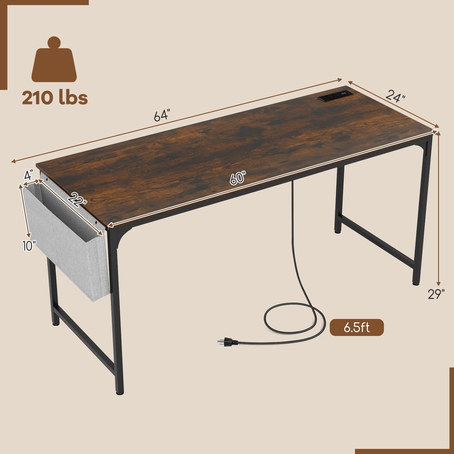 Tangkula 60” Large Computer Desk with Charging Station, Modern Simple Study Writing Desk with Storage Bag - 4*JV11154US-CF