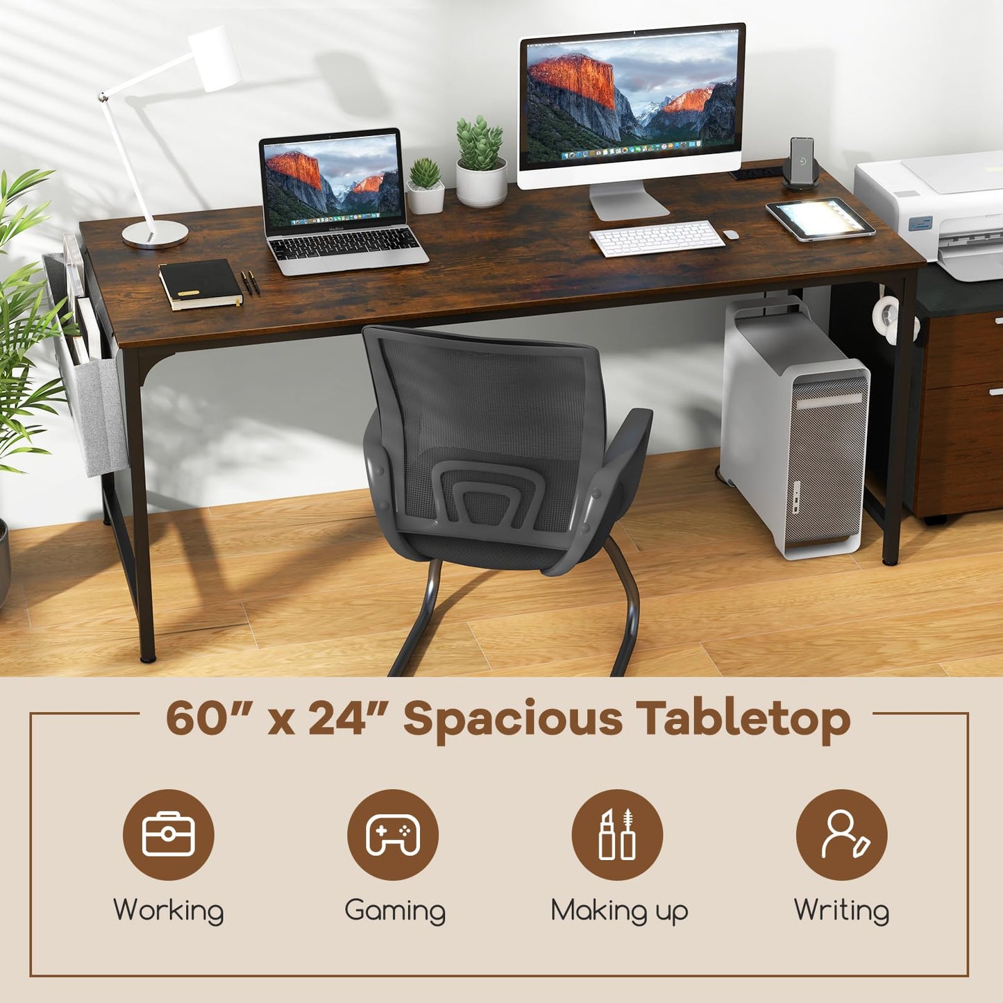 Tangkula 60” Large Computer Desk with Charging Station, Modern Simple Study Writing Desk with Storage Bag - 4*JV11154US-CF