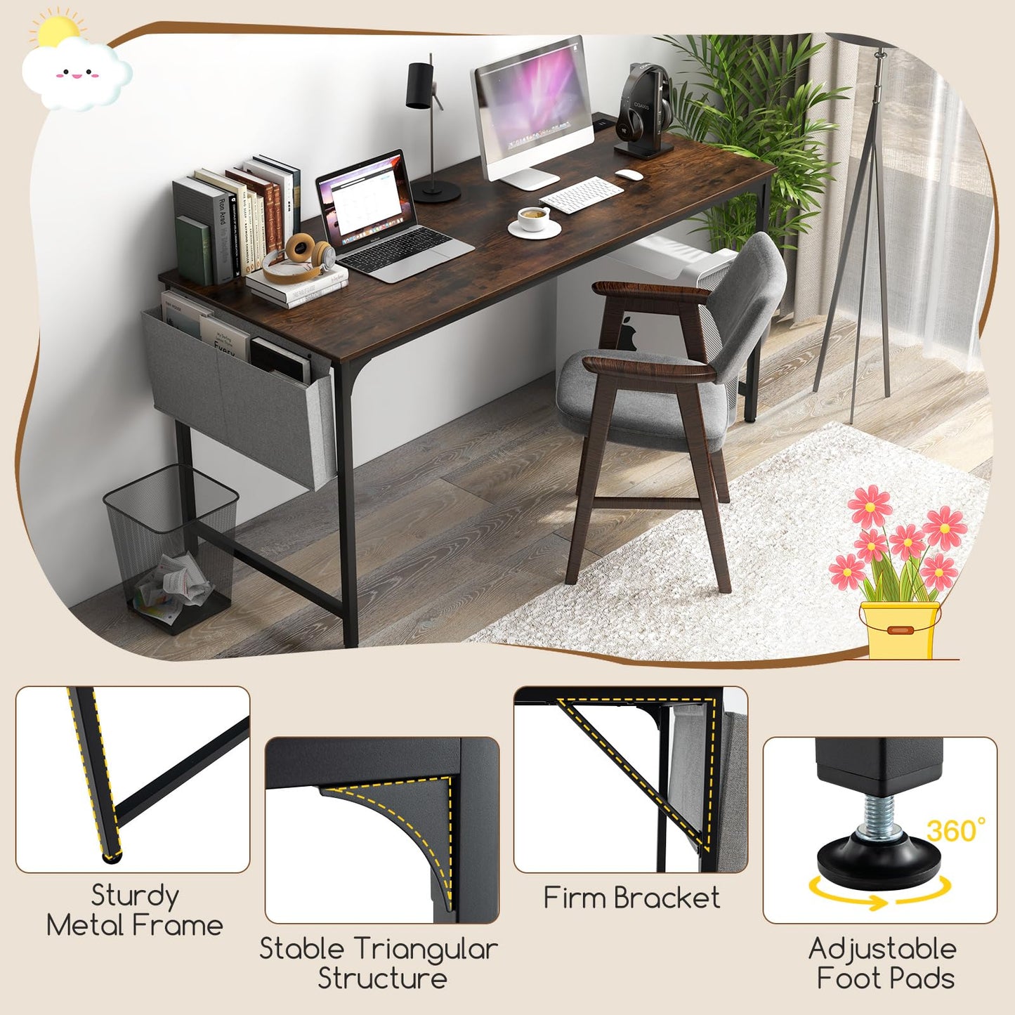 Tangkula 60” Large Computer Desk with Charging Station, Modern Simple Study Writing Desk with Storage Bag - 4*JV11154US-CF