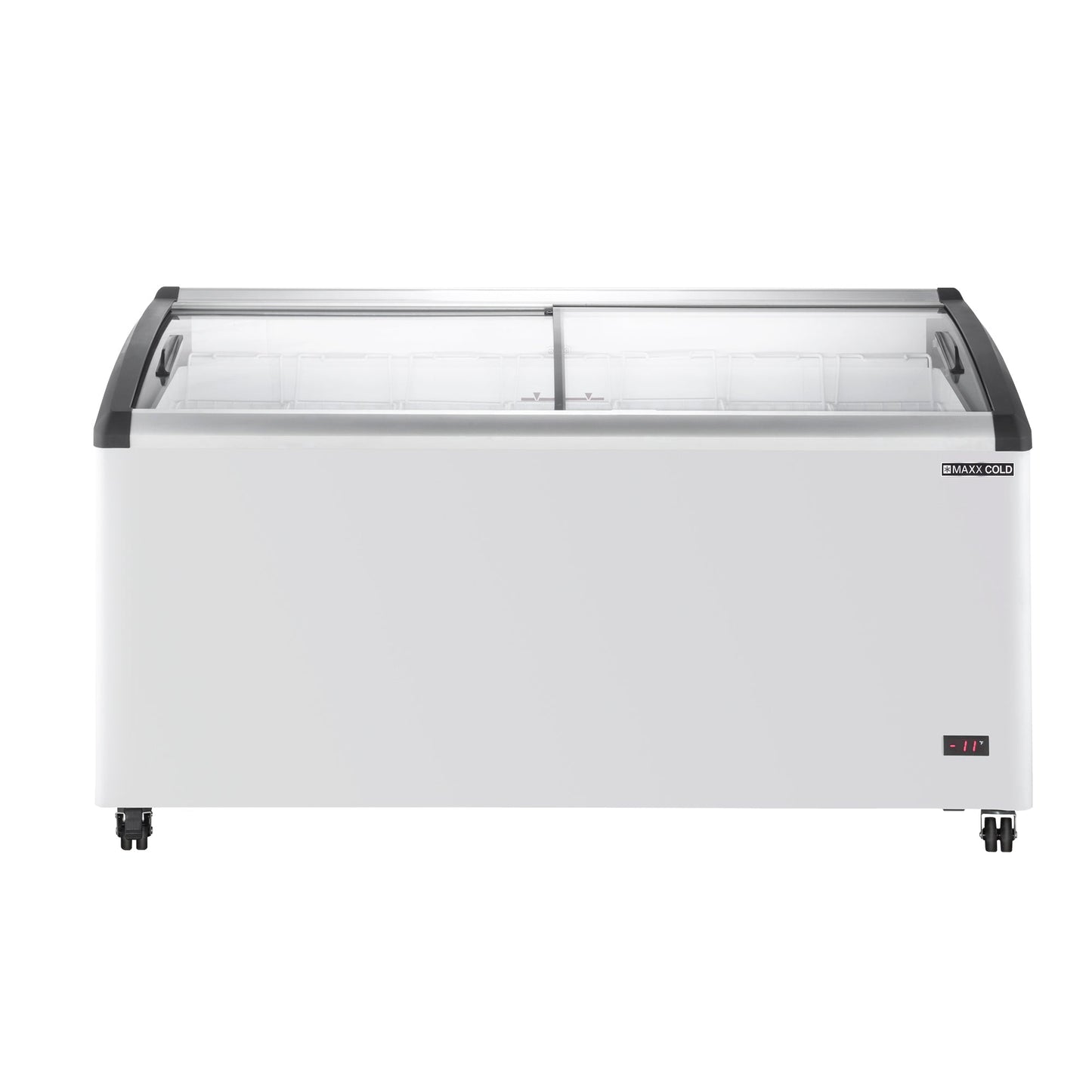 Maxx Cold Curved Glass Top Chest Freezer Display, 63.4"W, 12.36 cu. ft. Storage Capacity, Equipped with (7) Wire Baskets, in White - MXF64CHC-7