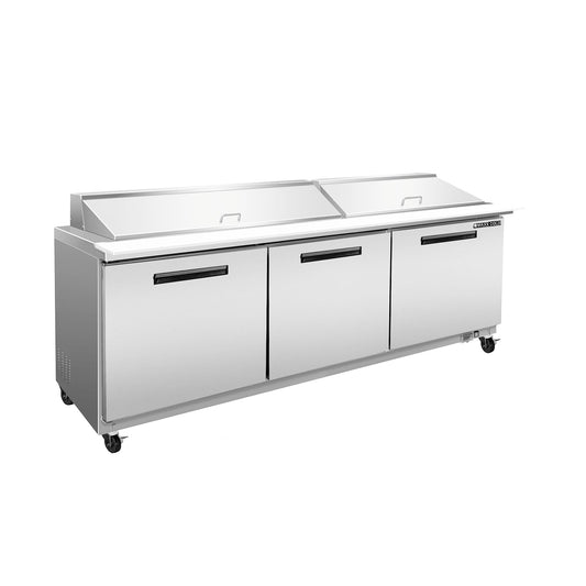 Maxx Cold Three-Door Refrigerated Sandwich and Salad Prep Station, 71.7"W, 18 cu. ft. Storage Capacity, Equipped with (18) 4” Deep Pans and Cutting Board, in Stainless Steel - MXCR72SHC