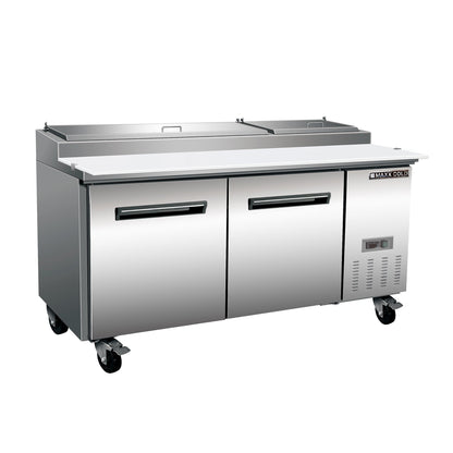 Maxx Cold Two-Door Refrigerated Pizza Prep Table, 70.8”W, 22 cu. ft. Storage Capacity, Equipped with (9) 4” Deep Pans and Cutting Board, in Stainless Steel - MXCPP70HC