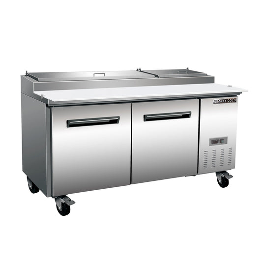 Maxx Cold Two-Door Refrigerated Pizza Prep Table, 70.8”W, 22 cu. ft. Storage Capacity, Equipped with (9) 4” Deep Pans and Cutting Board, in Stainless Steel - MXCPP70HC