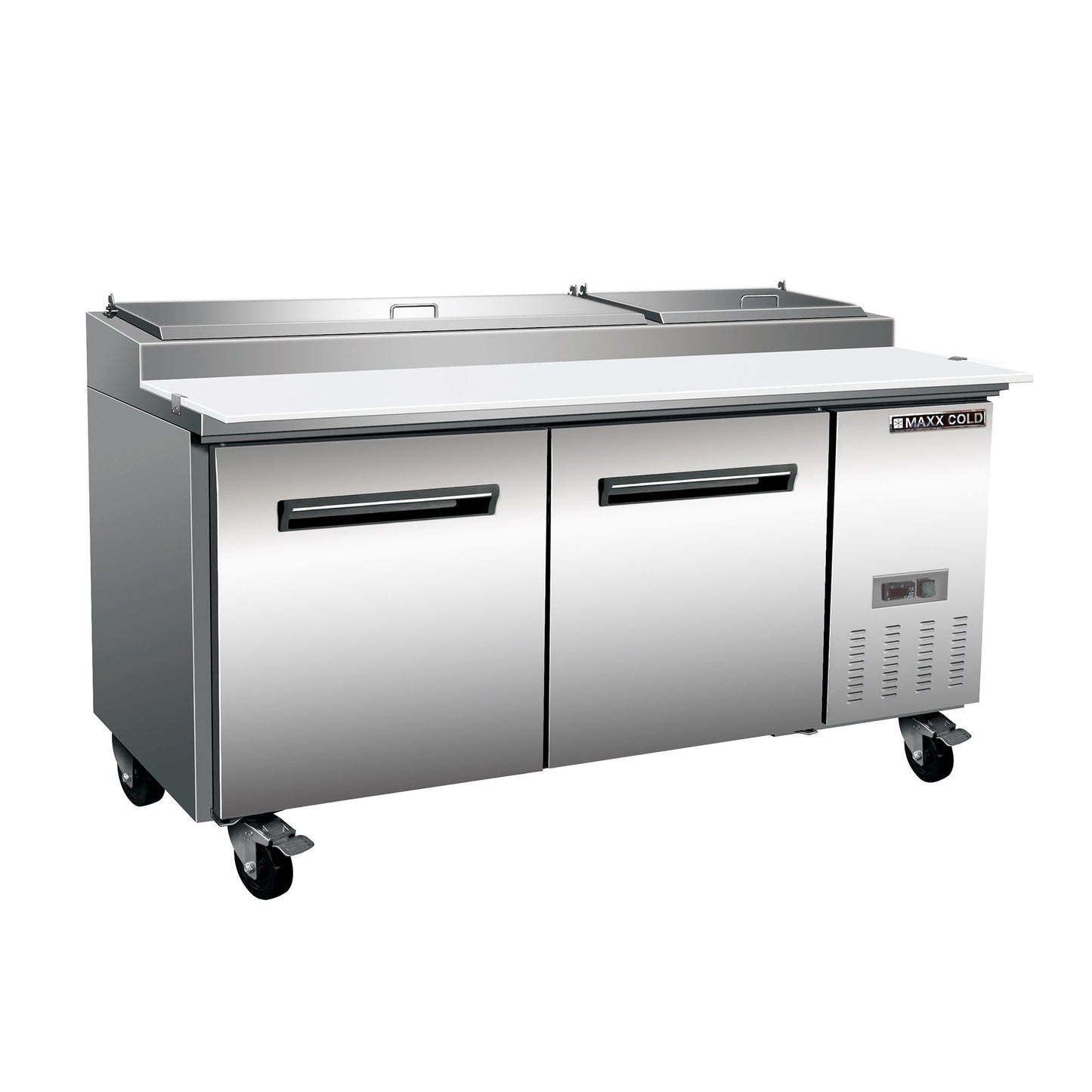 Maxx Cold Two-Door Refrigerated Pizza Prep Table, 70.8”W, 22 cu. ft. Storage Capacity, Equipped with (9) 4” Deep Pans and Cutting Board, in Stainless Steel - MXCPP70HC