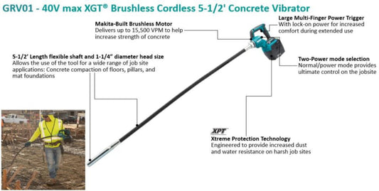 Makita 40V max XGT 5 1/2 ft Concrete Vibrator (Bare Tool) - GRV01Z