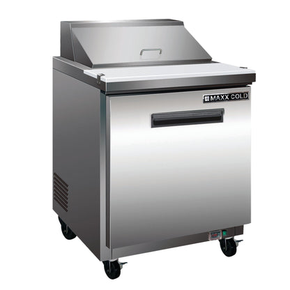 Maxx Cold One-Door Refrigerated Megatop Prep Unit, 29"W, 7 cu. ft. Storage Capacity, Equipped with (12) 4" Deep Pans and Cutting Board, in Stainless Steel - MXCR29MHC