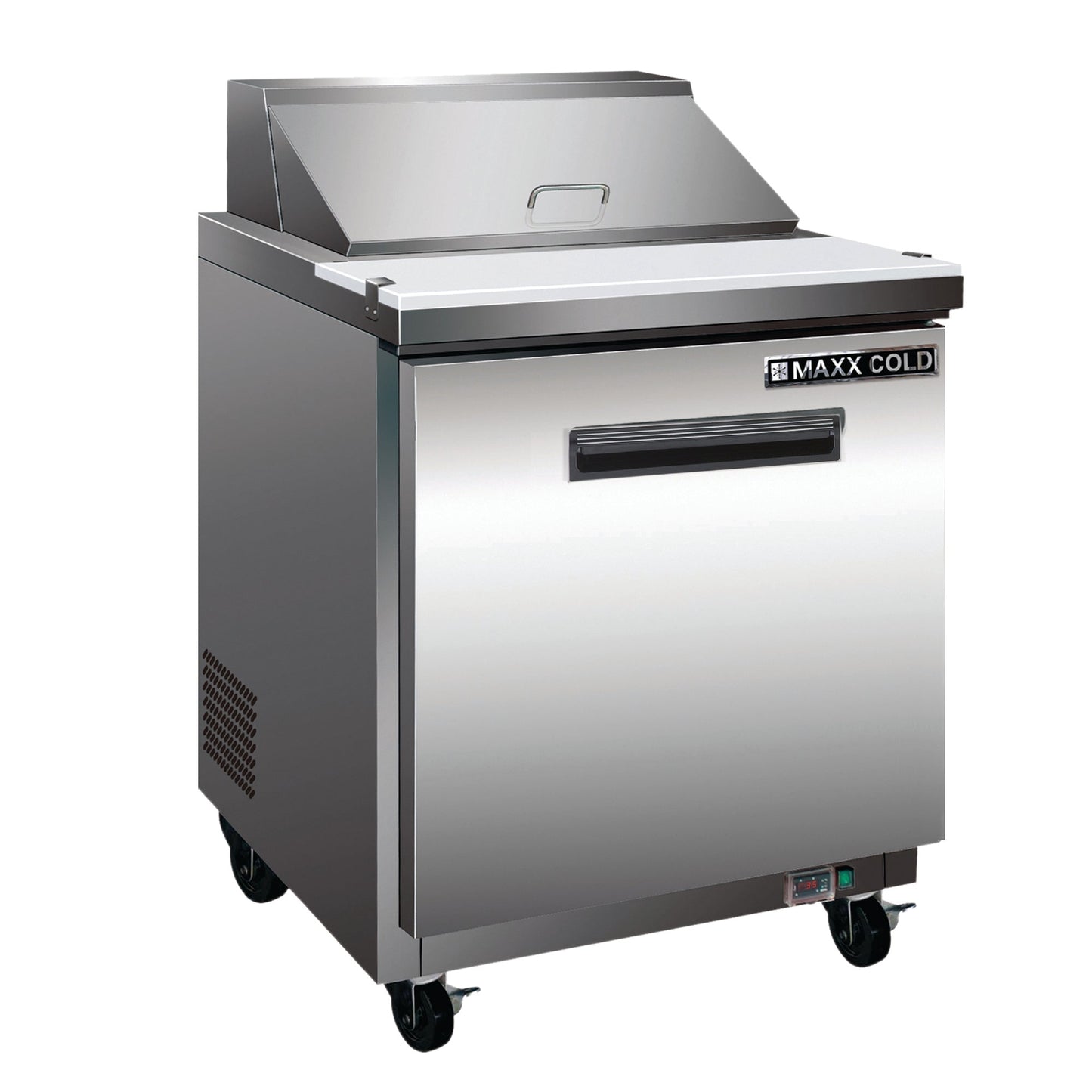 Maxx Cold One-Door Refrigerated Megatop Prep Unit, 29"W, 7 cu. ft. Storage Capacity, Equipped with (12) 4" Deep Pans and Cutting Board, in Stainless Steel - MXCR29MHC