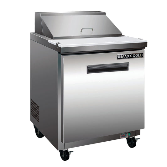 Maxx Cold One-Door Refrigerated Megatop Prep Unit, 29"W, 7 cu. ft. Storage Capacity, Equipped with (12) 4" Deep Pans and Cutting Board, in Stainless Steel - MXCR29MHC