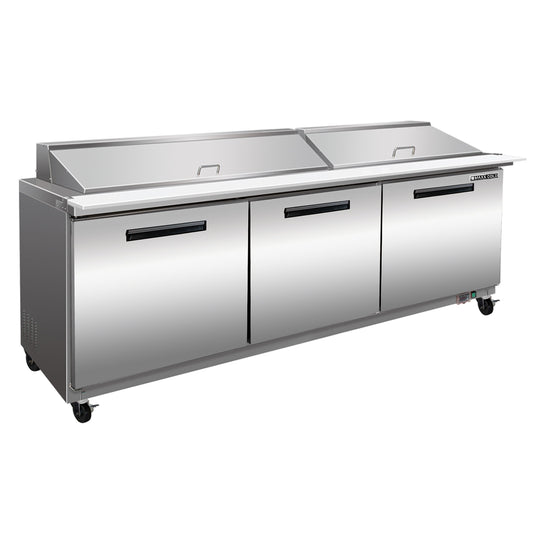 Maxx Cold Three-Door Refrigerated Megatop Prep Unit, 72"W, 18 cu. ft. Storage Capacity, Equipped with (27) 4" Deep Pans and Cutting Board, in Stainless Steel - MXCR72MHC