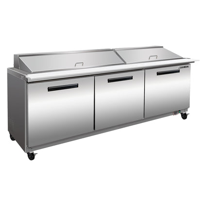 Maxx Cold Three-Door Refrigerated Megatop Prep Unit, 72"W, 18 cu. ft. Storage Capacity, Equipped with (27) 4" Deep Pans and Cutting Board, in Stainless Steel - MXCR72MHC