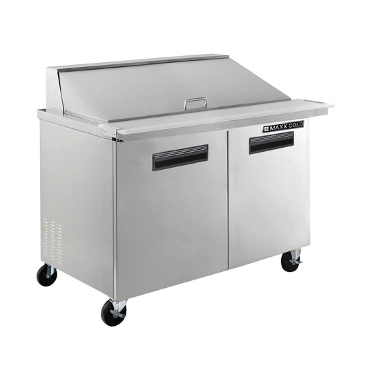 Maxx Cold Two-Door Refrigerated Megatop Prep Unit, 48”W, 12 cu. ft. Storage Capacity, Equipped with (18) 4" Deep Pans and Cutting Board, in Stainless Steel - MXCR48MHC