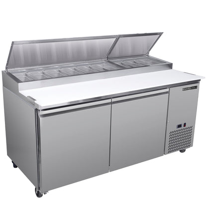 Maxx Cold Two-Door Refrigerated Pizza Prep Table, 71" W, 20.91 cu. ft. Storage Capacity, Equpped with (9) 4" Deep Pans and Cutting Board, in Stainless Steel - MXSPP70HC