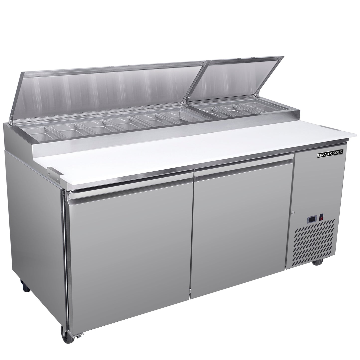 Maxx Cold Two-Door Refrigerated Pizza Prep Table, 71" W, 20.91 cu. ft. Storage Capacity, Equpped with (9) 4" Deep Pans and Cutting Board, in Stainless Steel - MXSPP70HC