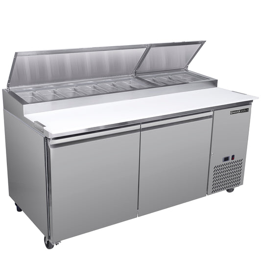 Maxx Cold Two-Door Refrigerated Pizza Prep Table, 71" W, 20.91 cu. ft. Storage Capacity, Equpped with (9) 4" Deep Pans and Cutting Board, in Stainless Steel - MXSPP70HC