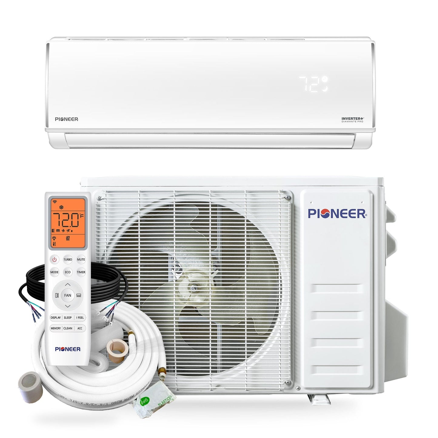 Pioneer Diamante Pro™ 12,000 BTU 20.5 SEER2 115V High-Wall Ductless Mini-Split Air Conditioner Inverter Heat Pump with 16 Ft. Kit - WYT012ALSI20RL